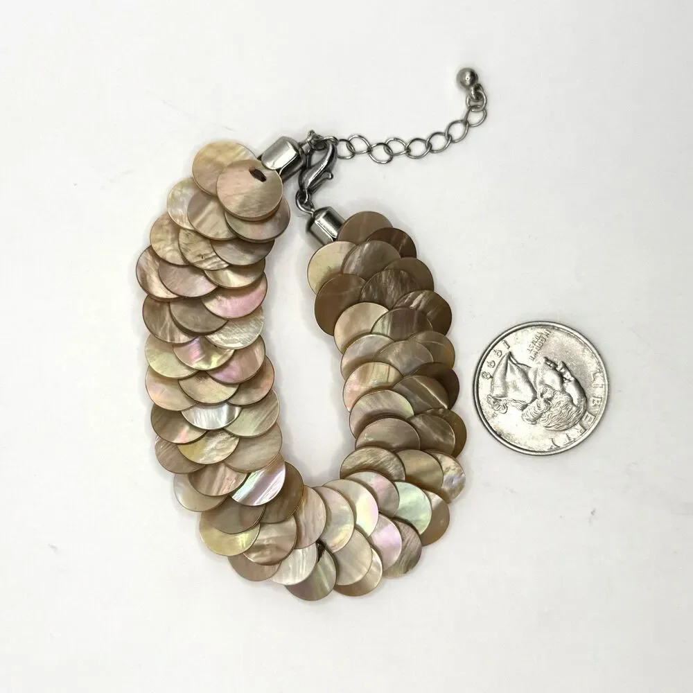 Mother of Pearl Shell Disc Bracelet Mermaid Boho Coastal Statement Iridescent